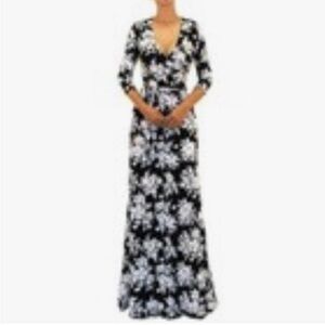 Got Style USA Faux Wrap Stretch Black White Floral Maxi V Neck Dress Size Medium